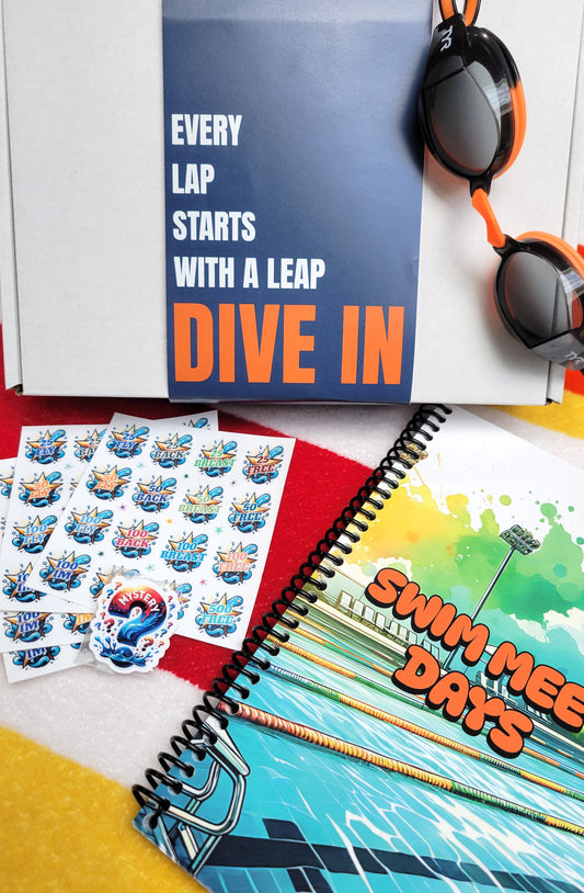 Swimming-themed stationery items including a notebook, stickers, and goggles on a colorful background.