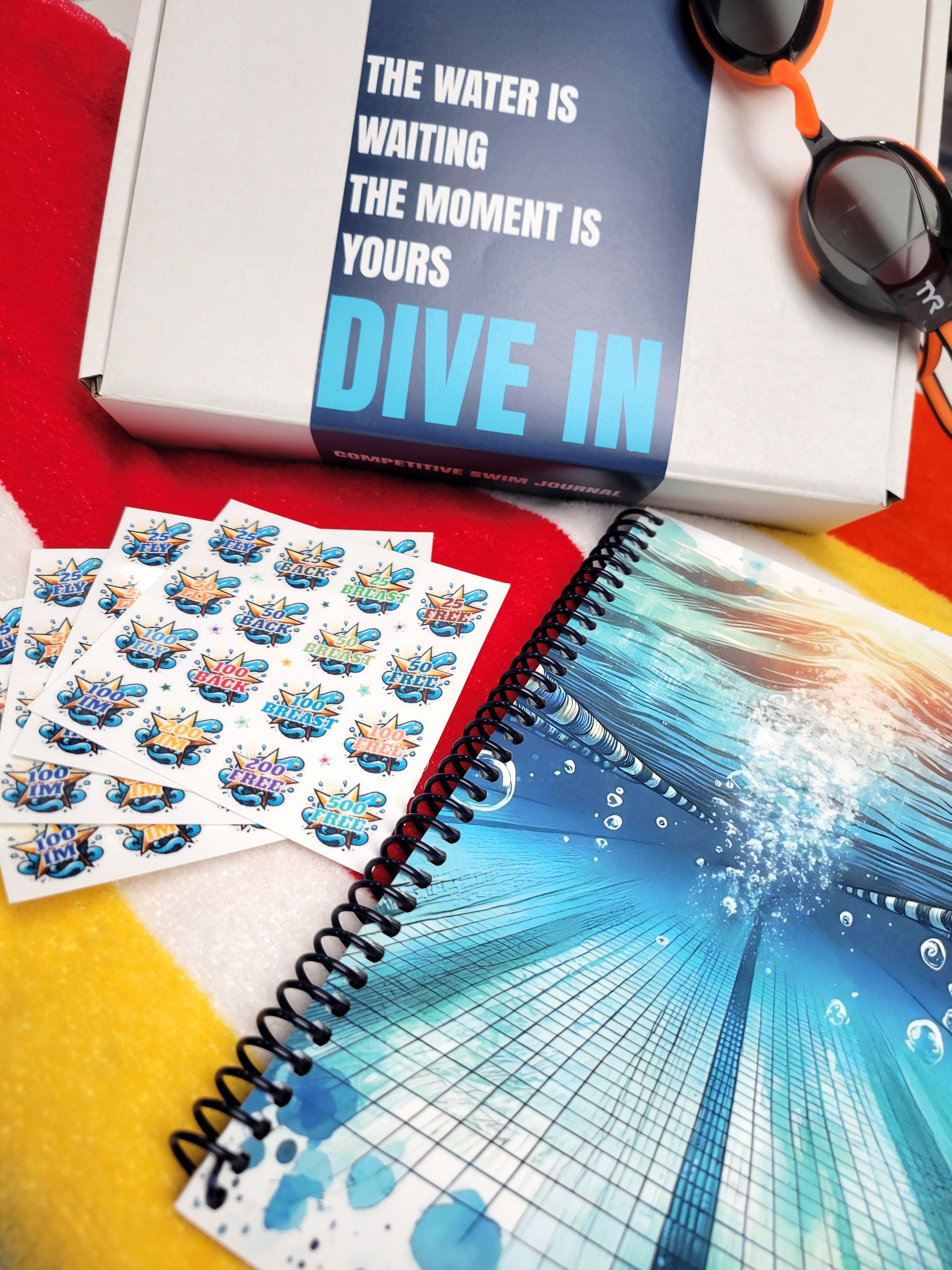 Dive In Gifts journal gift box with swim-themed stickers, journal, and card in blue and white packaging.